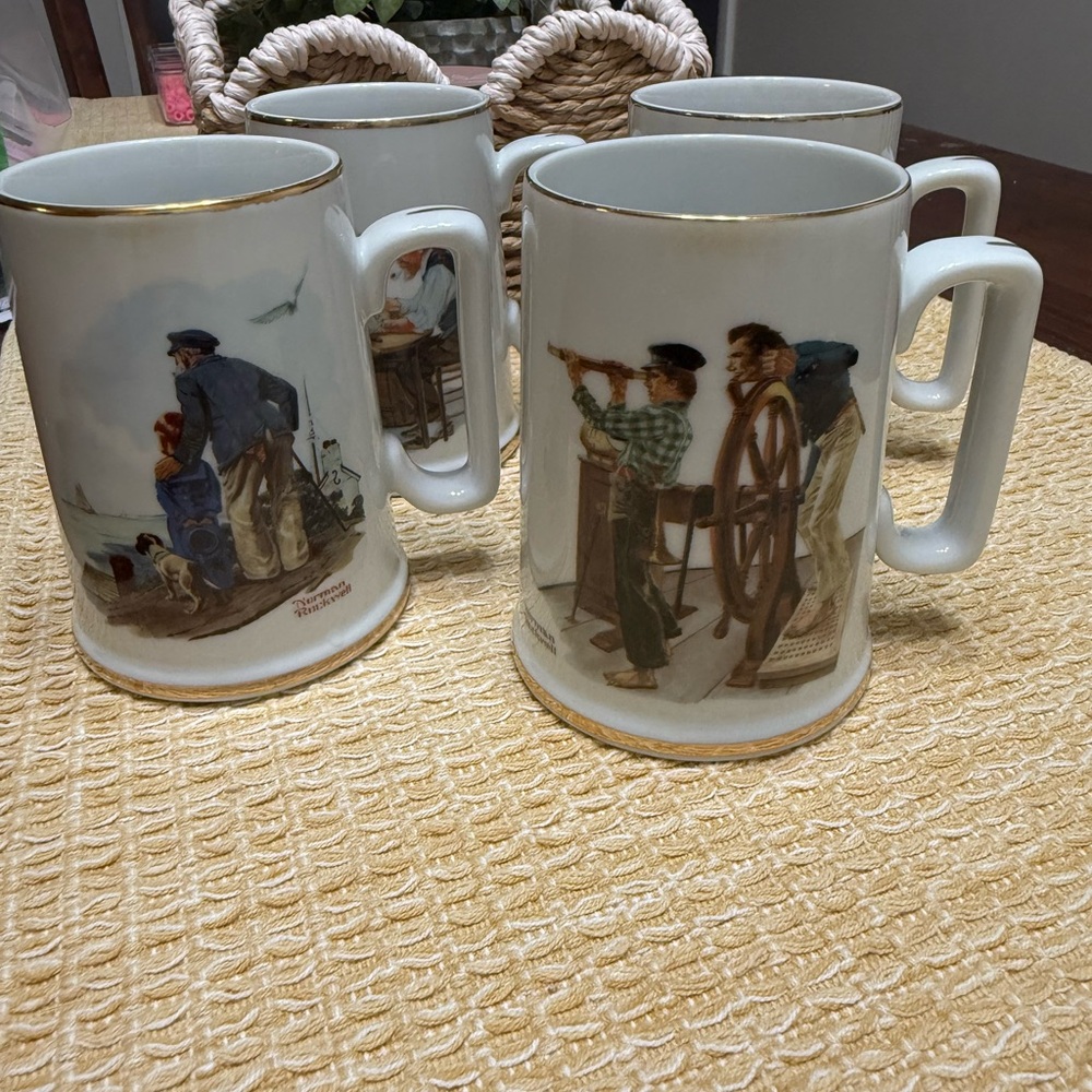 Norman Rockwell Nautical Ceramic Mug Set with Gold Trim
